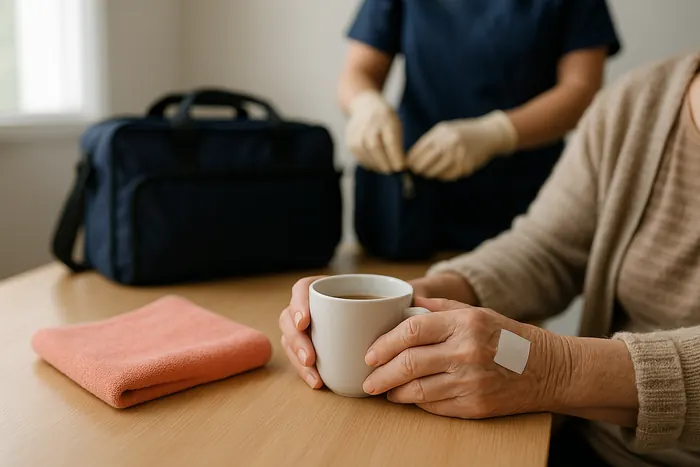 Après le soin, une patiente tient sa tasse de café, un pansement sur la main, pendant que l'infirmière range sa mallette