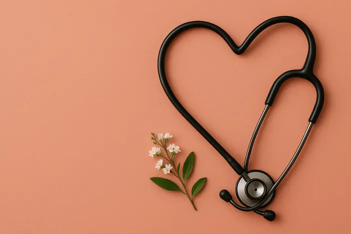 Un stéthoscope posé en forme de coeur sur un papier rose saumon, à côté d'un brin de fleurs