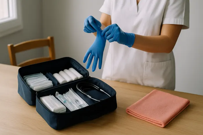 Une infirmière enfile des gants bleus devant sa mallette de soins ouverte sur une table de cuisine