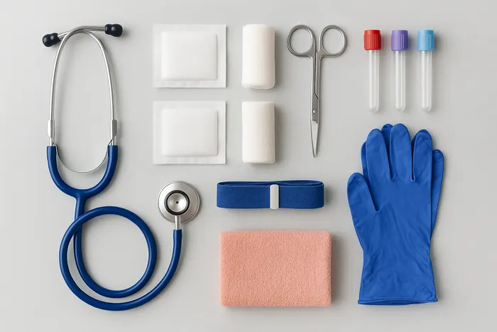 Le matériel de soin posé à plat : stéthoscope, compresses, bandes, ciseaux, tubes de prise de sang et gants bleus
