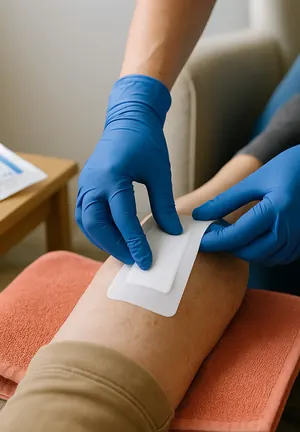 Mains gantées de bleu qui posent un pansement sur l'avant-bras, sur une serviette saumon.
