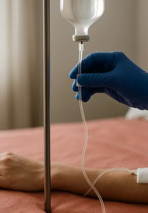 Une main gantée de bleu règle la tubulure d'une perfusion au-dessus du lit.