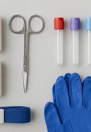 Le matériel posé à plat : ciseaux, compresses, tubes, gants bleus.