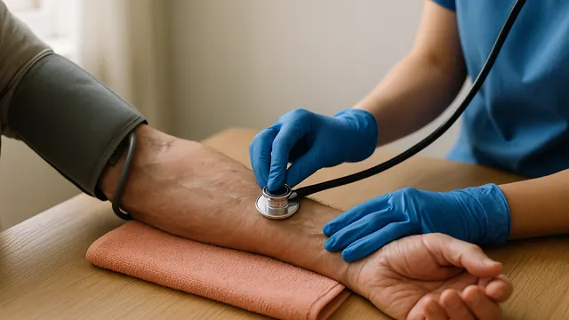 Prise de tension au bras, le stéthoscope tenu par une main gantée de bleu.