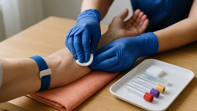 Prise de sang de contrôle, le bracelet au poignet, les tubes sur le plateau.