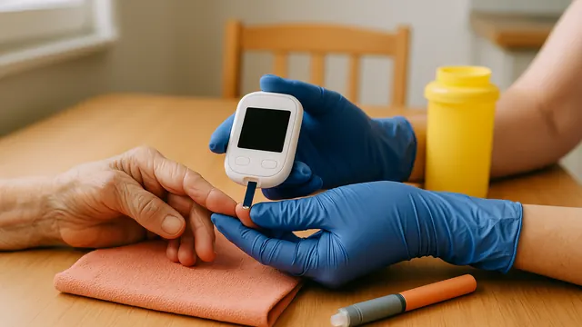 Le stylo d'insuline sur la table, mains gantées de bleu.