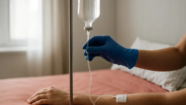 Perfusion au lit, une main gantée de bleu règle la tubulure.