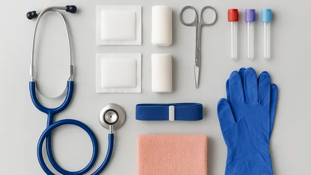 Ciseaux, compresses et gants posés à plat.