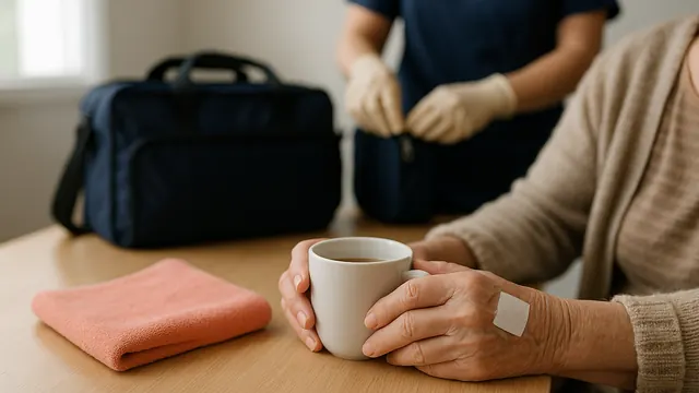 Après le soin, une tasse de café sur la table de la cuisine.